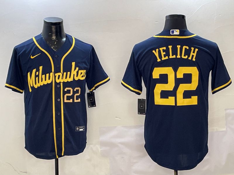 Men Milwaukee Brewers #22 Yelich Drak Blue Game 2025 Nike MLB Jersey style 4->milwaukee brewers->MLB Jersey
